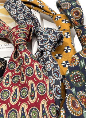 HOW宽版复古精仿羊毛印花红色腰果男士商务玫瑰底领带礼盒