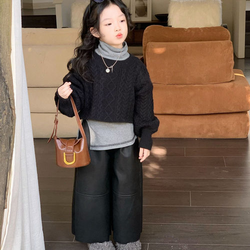 女童2025秋冬新款韩版皮裤软蛋白皮阔腿裤加绒洋气百搭PU皮直筒裤