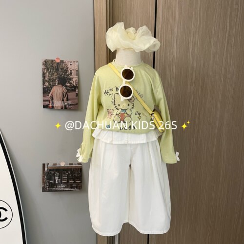 女童韩版卡通长袖上衣花边白色弯刀裤2026春装新款长袖裤子两件套