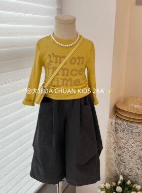2026秋装新款女童黄色字母修身长袖上衣工装休闲裤休闲两件套洋气