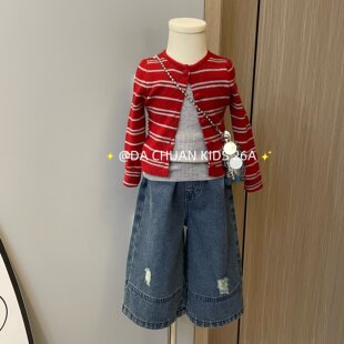 女童红条纹假两件套头衫上衣割破牛仔裤套装时髦幼儿园穿搭上衣潮