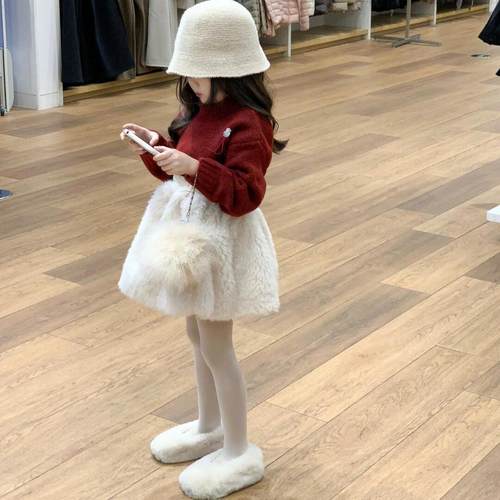 女童韩版厚款新年红色毛衣时髦毛毛半裙百搭厚款加绒半身裙公主裙