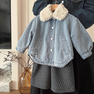 木子佧女童兔毛内里气质外翻毛领牛仔外套儿童加绒25冬季新韩童装