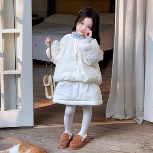 女童棉袄2025新款冬季洋气时髦短款棉服儿童花苞外套短裙夹棉裙子