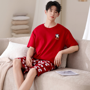 男士 卡通红色本命年家居服青年套装 睡衣夏季 套头短裤 纯棉短袖 新款