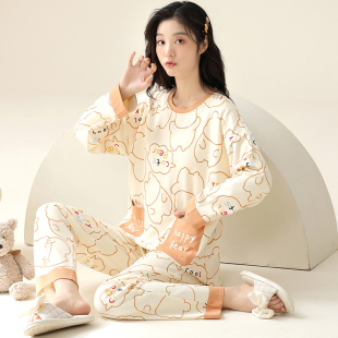 长袖带兜睡衣女春秋季纯棉质2024年新款少女士秋冬卡通套头家居服