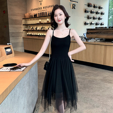 黑色吊带背心连衣裙女2025夏季新款不规则网纱中长裙显瘦打底裙子