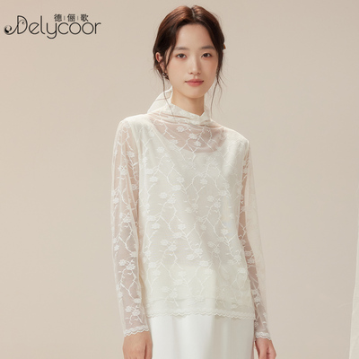 轻薄半高领蕾丝打底衫女网纱内搭