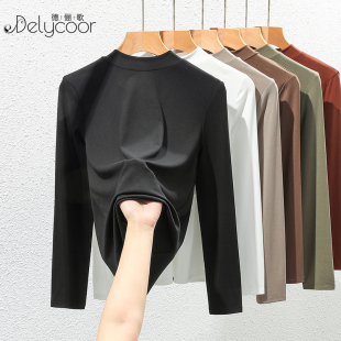 高弹半高领再生纤维上衣 中领内搭大码 黑色优可丝打底衫 女春秋薄款