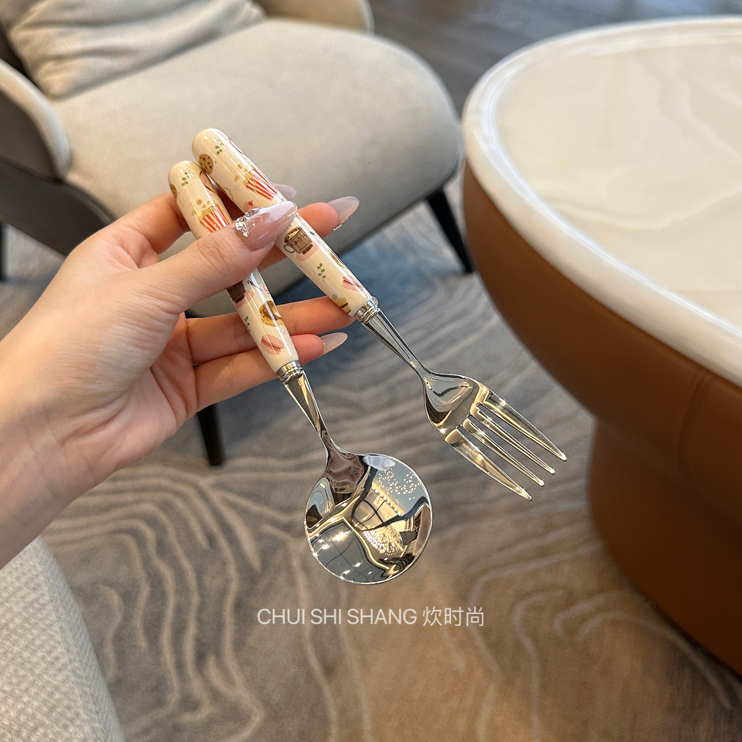 【我家宝宝超爱的餐具】卡通陶瓷柄304不锈钢勺叉套装 儿童勺子叉