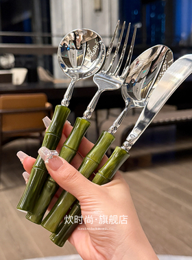 *老板娘自留*意大利Rivadossi橄榄绿竹节刀叉勺西餐套装304不锈钢