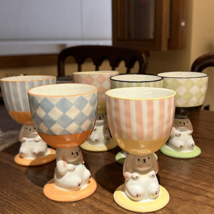 可爱手绘立体兔子高脚杯伴手礼陶瓷马克杯水杯 漂亮 老板娘自留款