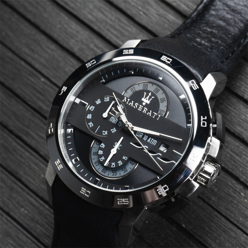 玛莎拉蒂maserati手表男时尚三眼计时腕表男士皮带商务休闲石英表