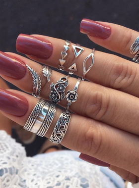 wish跨境新品欧美波西米亚镂空雕花树叶9件套关节戒指套装批发女