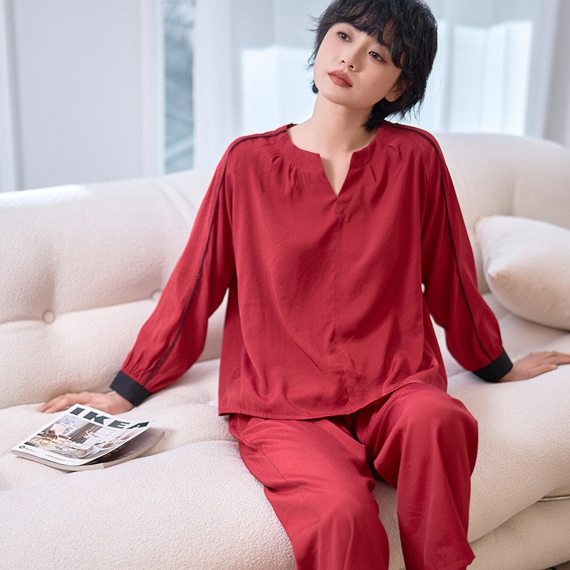 轻奢宫廷风春秋季简约舒适梭织薄款长袖睡衣女长裤时尚家居服