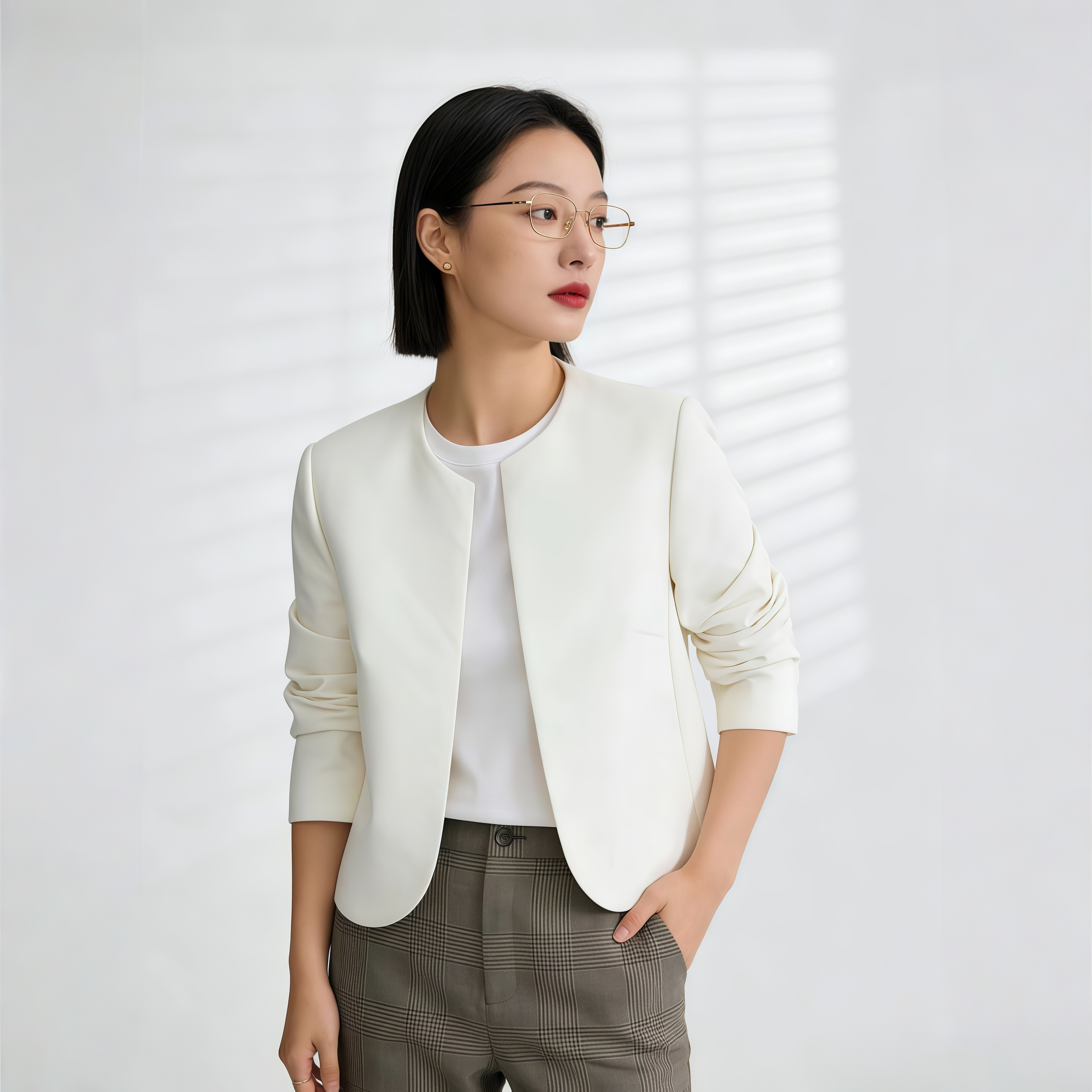春夏简约白色短款女西装外套开衫