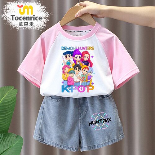 kpop猎魔女童saja boys短袖拼色圆领T恤柔软牛仔短裤套装儿童衣服