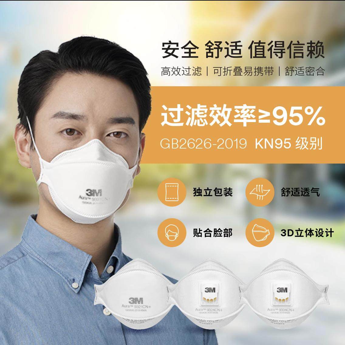 3M 9321CN+口罩KN95防沙尘防雾霾FFP2/P3认证LA透气头戴式工业PSD