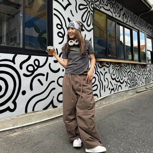 KencilBox千笔盒子宽松刺绣棕色抽绳裤子嘻哈潮流工装裤