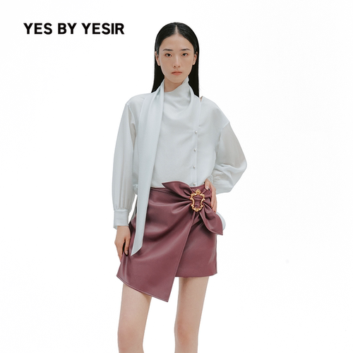 YES BY YESIR叶谦原创设计师26春新款青釉透视禅动飘带雪纺衫衬衫