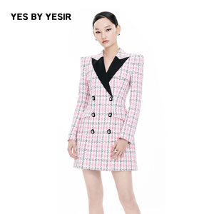 YES BY YESIR叶谦原创设计师春新款粉红骑士香风西装连衣裙
