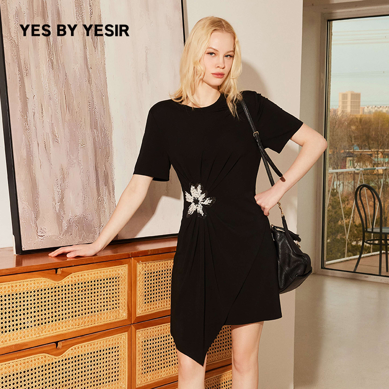 YES BY YESIR叶谦原创设计25夏新款重工珠绣花朵褶皱T恤连衣裙