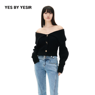 YES YESIR叶谦原创设计师秋女士一字肩枪与玫瑰针织开衫