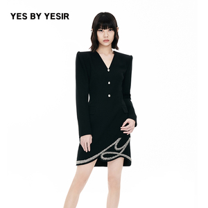YES BY YESIR叶谦原创设计师春新款女Y心思珠绣西装连衣裙