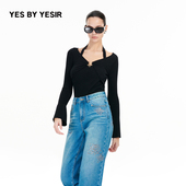 YESIR叶谦原创设计秋新款 静奢绵羊毛V领修身 YES 针织套头衫