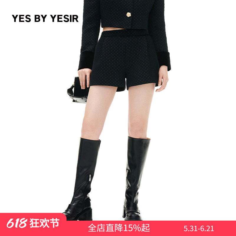 YES BY YESIR叶谦原创设计师秋新品女款时尚黑金派对短裤