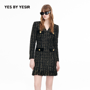 黑金少女V领香风连衣裙 YESIR叶谦原创设计秋新款 YES