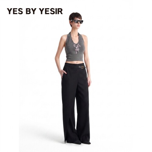 YESBYYESIRY字皮扣斜襟阔腿裤