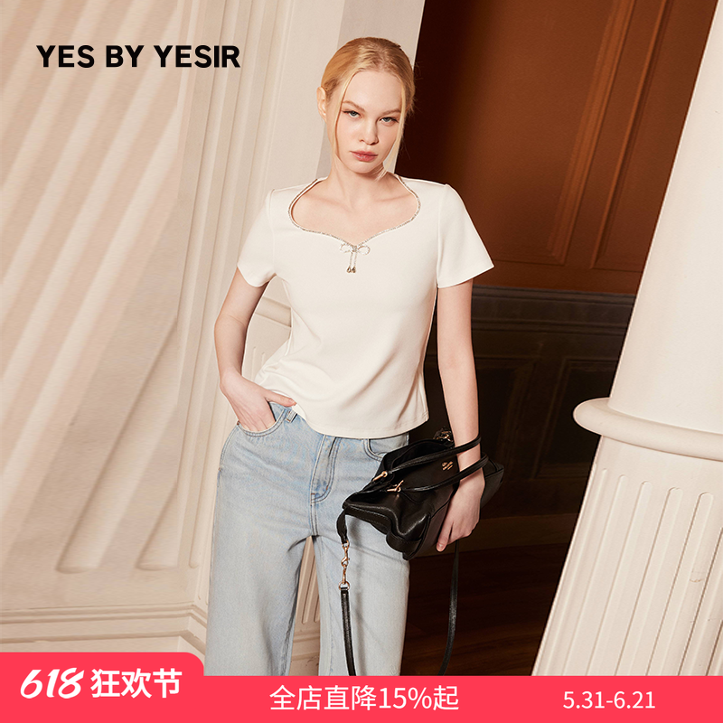 YES BY YESIR叶谦原创设计夏新款玲珑镶钻蝴蝶结上衣短袖T恤