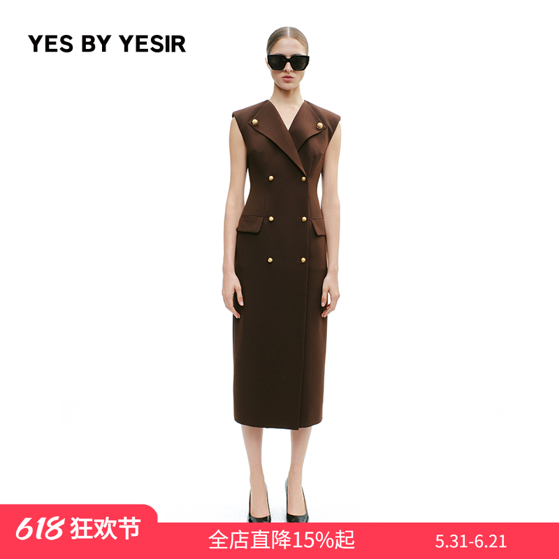 YES BY YESIR叶谦原创设计秋新款女议员金扣超长马甲连衣裙