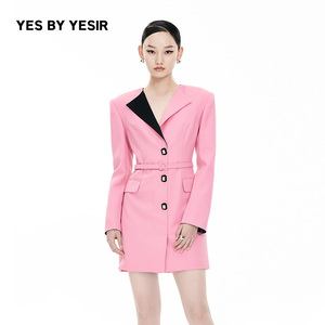 YES BY YESIR叶谦原创设计师春新款女士粉红杀手西装连衣裙