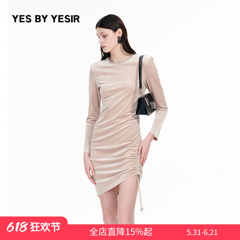 YES BY YESIR叶谦原创设计秋新款收腰抽褶丝绒星钻卫衣连衣裙