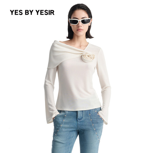 YESBYYESIR旋褶斜肩玫瑰上衣