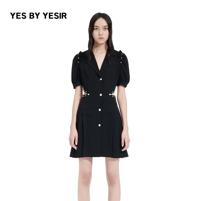 YES BY YESIR叶谦原创设计师夏短裙甜酷珍珠装饰西装连衣裙