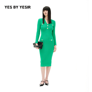 YES BY YESIR叶谦原创设计师秋绿野修身过膝针织连衣裙
