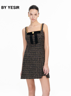 YES BY YESIR叶谦原创设计秋新款黑金舞会名媛香风吊带连衣裙