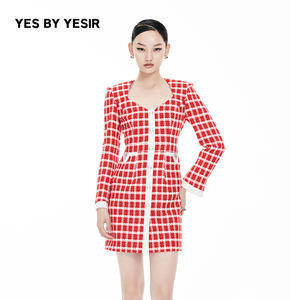 YES BY YESIR叶谦原创设计师春新款女南法红白格西装连衣裙