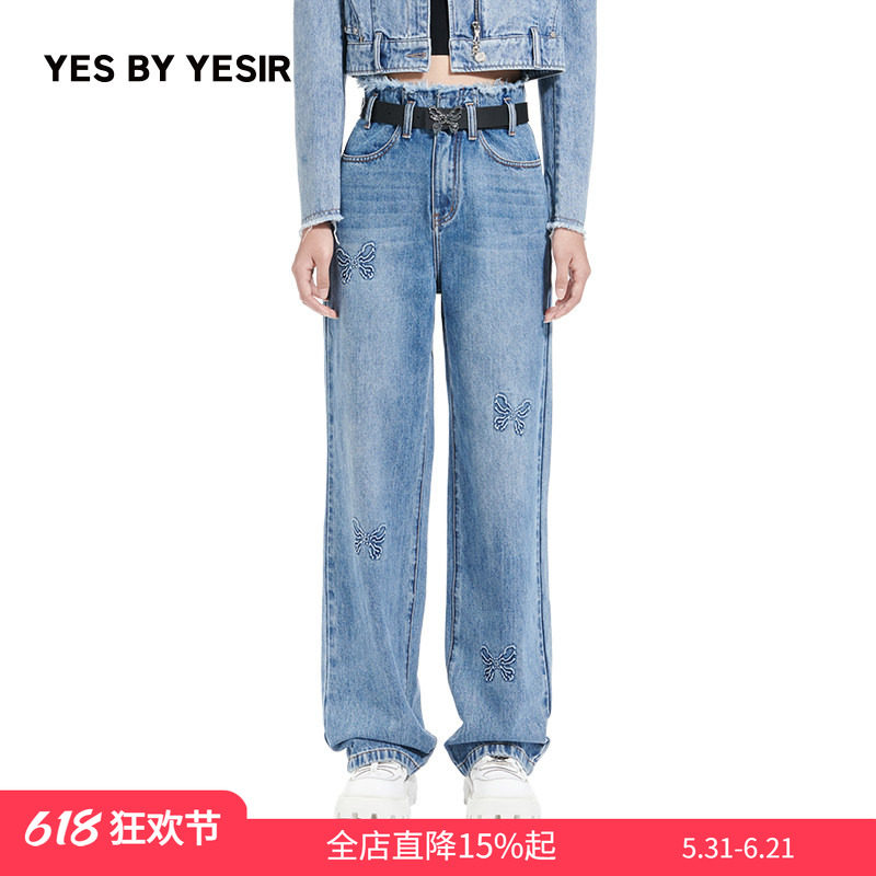 郑合惠子同款YES BY YESIR叶谦原创设计师直筒女刺绣蝴蝶骨牛仔裤