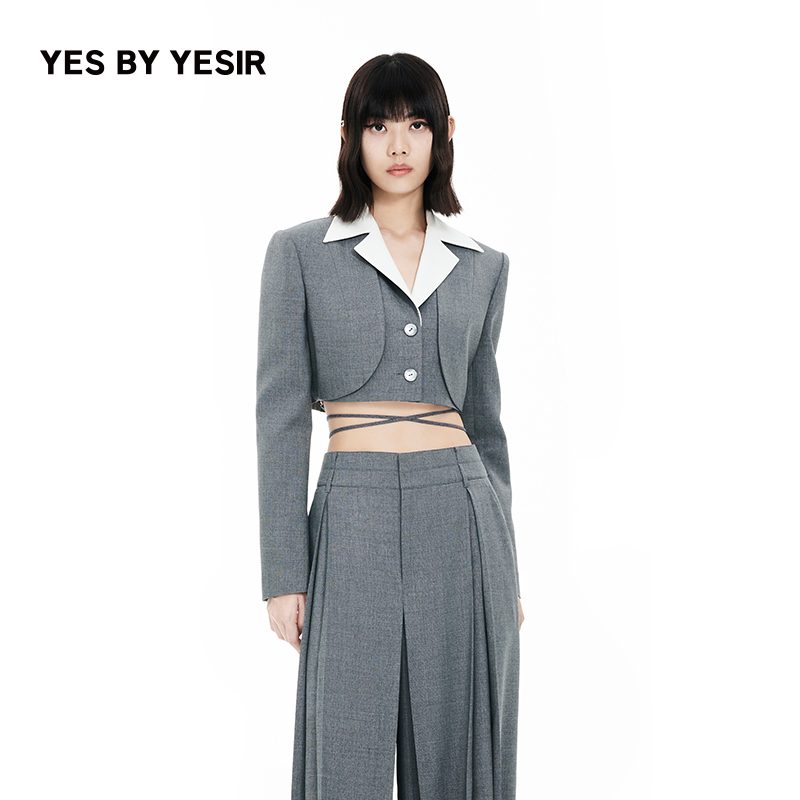 知识分子灰交叉拼色短西装