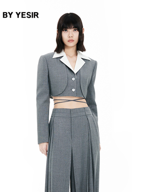 马凡舒同款YES BY YESIR叶谦原创设计24春新款拼色短西装阔腿裤