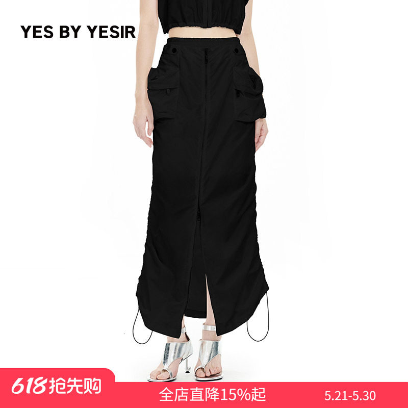 YES BY YESIR叶谦原创设计师夏新款双腰女士工装直筒长半裙