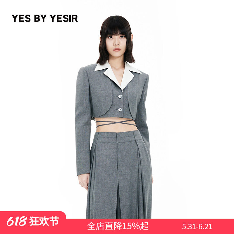 马凡舒同款YES BY YESIR叶谦原创设计春新款拼色短西装阔腿裤