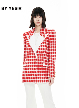 刘烨同款YES BY YESIR叶谦原创设计师24春撞色鸿运格纹宽肩西服