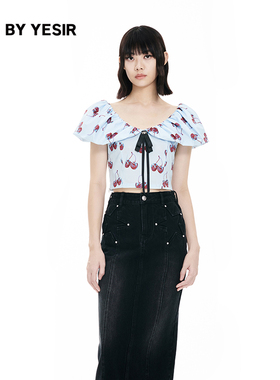 YES BY YESIR叶谦原创设计师夏新款女纯棉南法樱桃印花上衣
