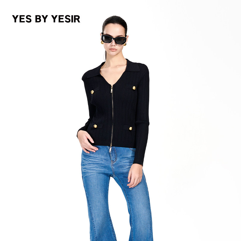 YES BY YESIR叶谦原创设计秋新款玫瑰骑士V领修身针织开衫上衣