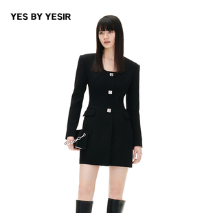 YES YESIR叶谦原创设计师秋女士酷黑显瘦包臀U领连衣裙
